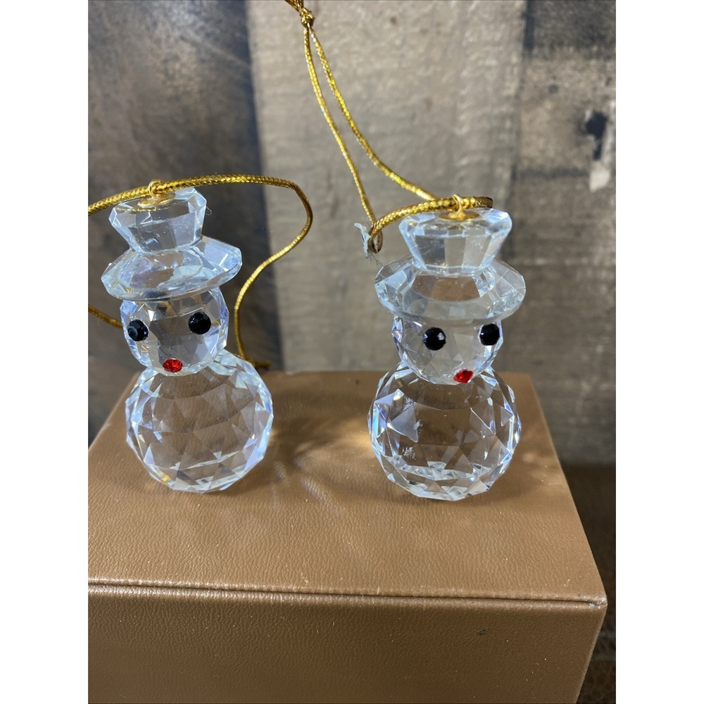 Vintage Snowman Set Of 2 AMC New York Crystal Miniature Figurines XMAS Ornaments